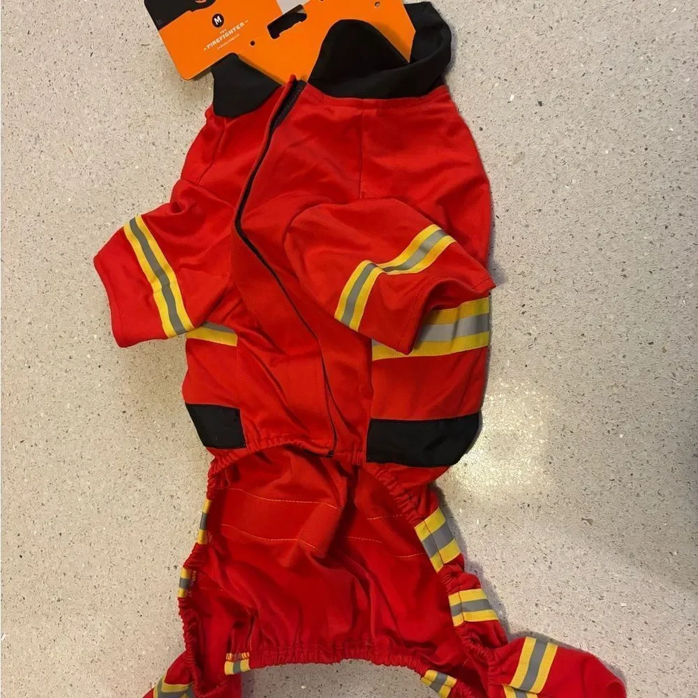 Red Firefighter Costume with Yellow Stripes for medium size dog